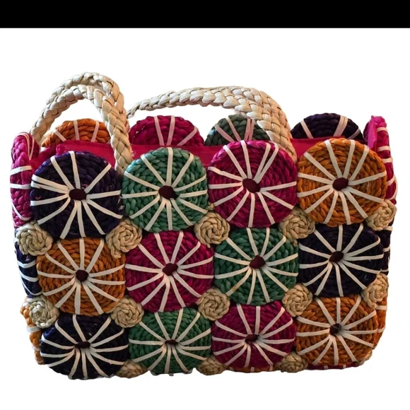 Colorful Patchwork Straw Tote Bag Vibrant Multicolor Summer Vibes - Picture 2 of 11